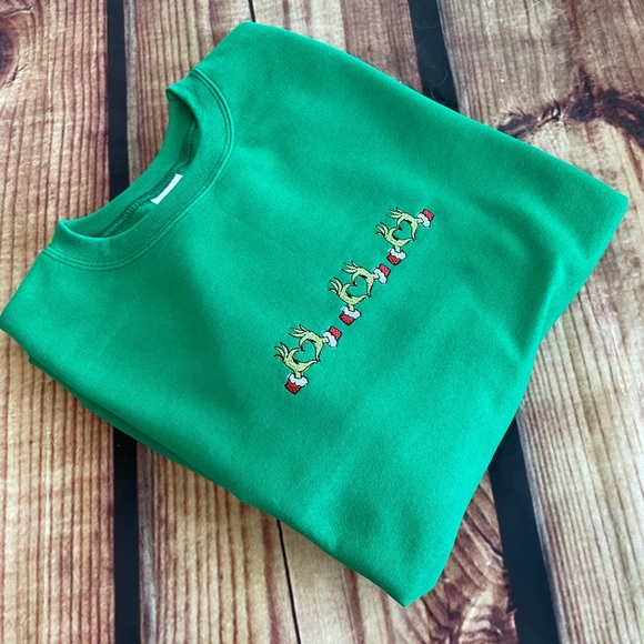 Custom Embroidered Grinch Hearts Women’s Green Sweatshirt - Picture 3 of 5